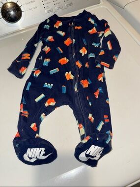 Nike Navy One-Piece Footed Baby Sleeper with Orange & Teal Accents